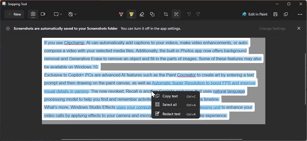 Snipping Tool có tùy chọn sao chép văn bản