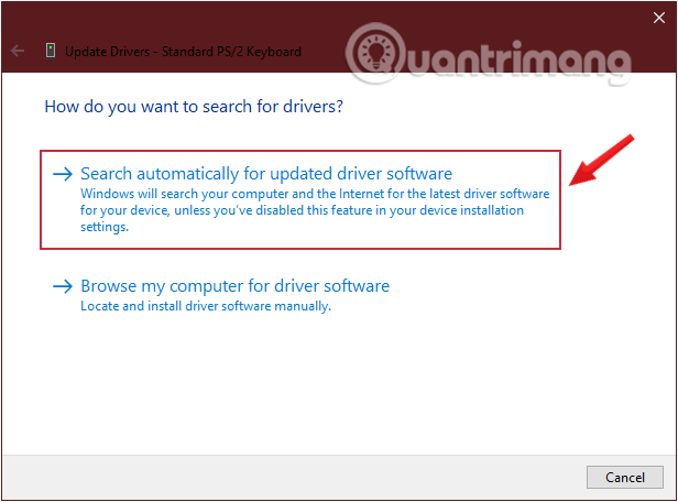 Yêu cầu Windows tìm driver bằng cách click chọn Search automatically for updated driver software