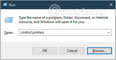Gõ lệnh control printers trong cửa sổ lệnh Run rồi nhấn OK