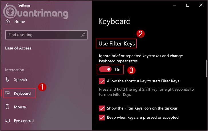 Bật ON ở mục Ignore or slow down brief or repeated keystrokes and adjust keyboard repeat rates trong Use Filter Keys