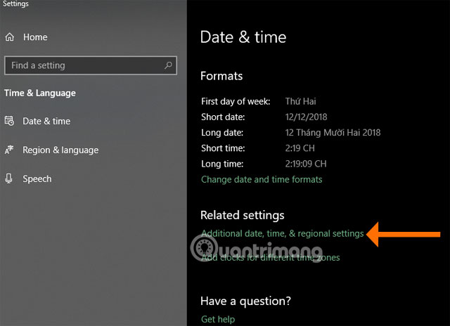 Chọn tùy chọn Additional date, time & regional settings