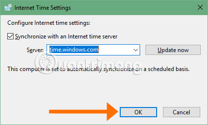 Chỉnh giờ máy chủ cửa sổ Internet Time Settings