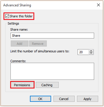 chọn Share this folder, và click chọn Permissions