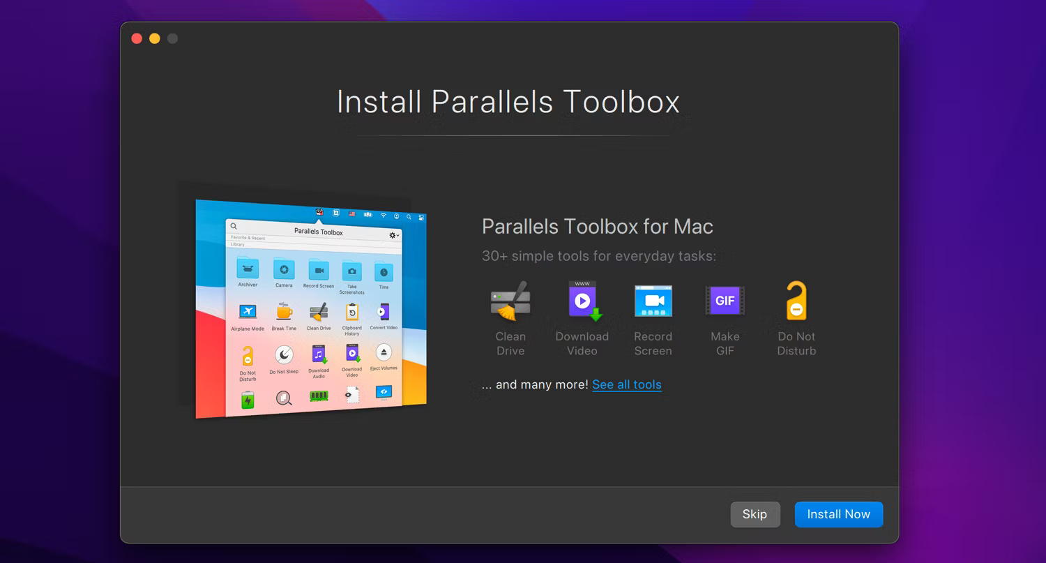 Màn hình cài đặt Parallels Desktop Toolbox cho Mac