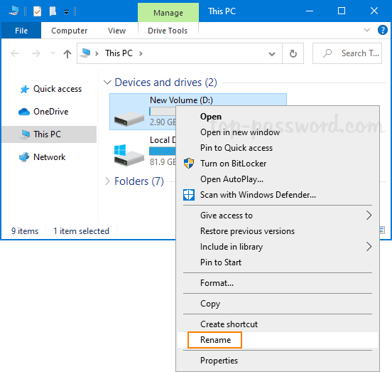 Mở File Explorer, nhấp chuột phải vào ổ đĩa và chọn Rename từ menu ngữ cảnh
