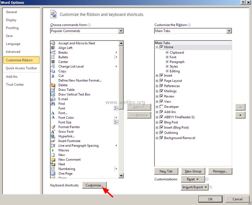 Click chọn nút Customize nằm kế bên "Keyboard shortcuts"