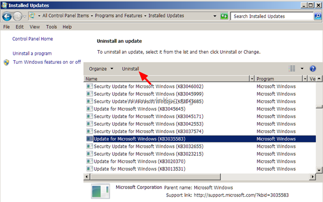 Chọn KB3057839 Update rồi click chọn Uninstall