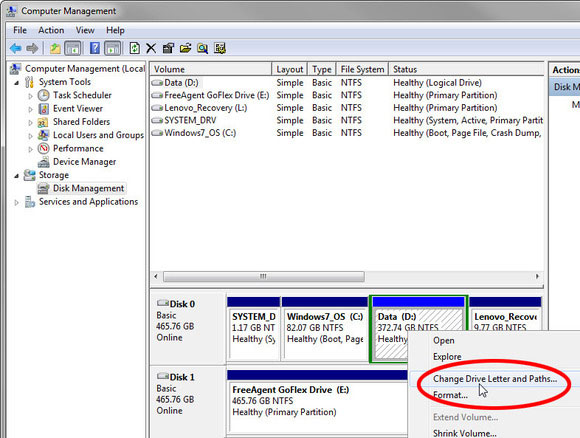 Nhấp chuột phải vào phân vùng bạn muốn thay đổi > chọn Change Drive Letter and Paths. Chọn Change Drive Letter and Paths...
