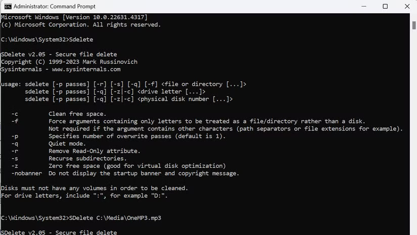 Lệnh SDelete trong Command Prompt