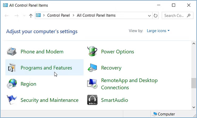 Mở Công cụ Programs and Features của Windows bằng Control Panel