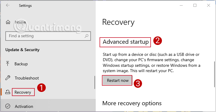Chọn Restart now trong mục Advanced startup