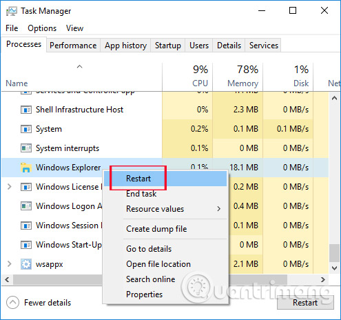 Khởi động lại Windows Explorer