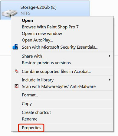 Nhấp chuột phải vào ổ đĩa và chọn Properties