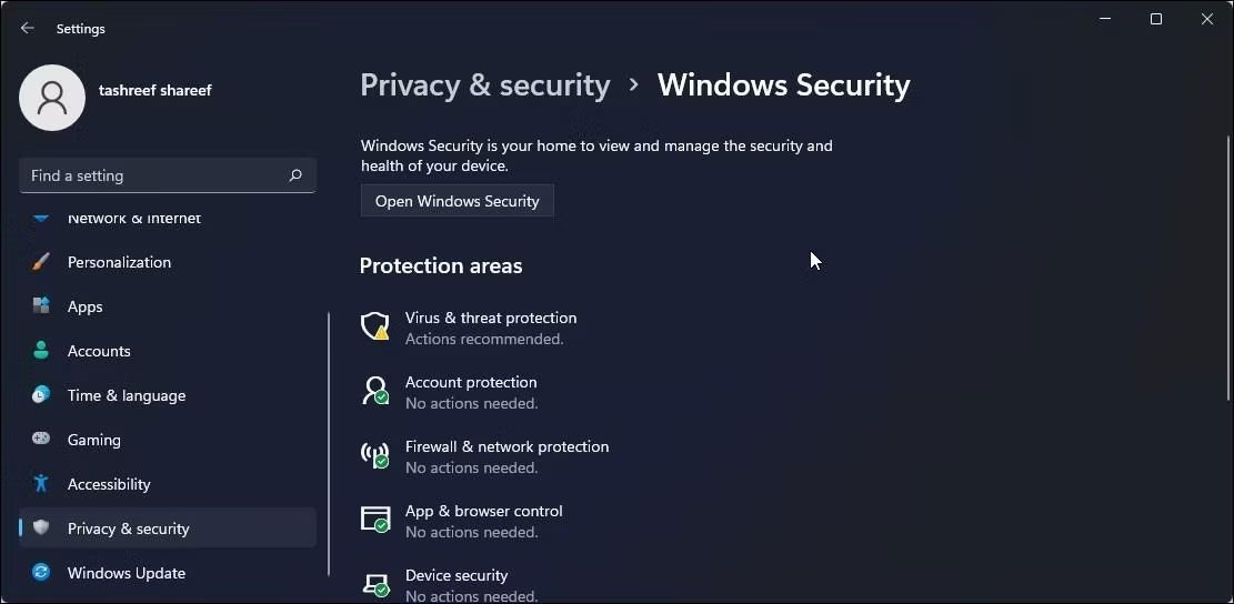 Mở Windows Security