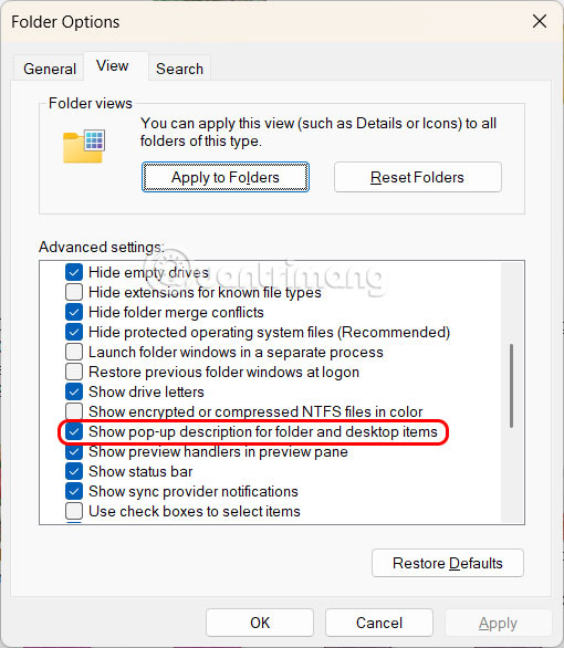 Cách tắt pop-up mô tả thư mục Windows 11