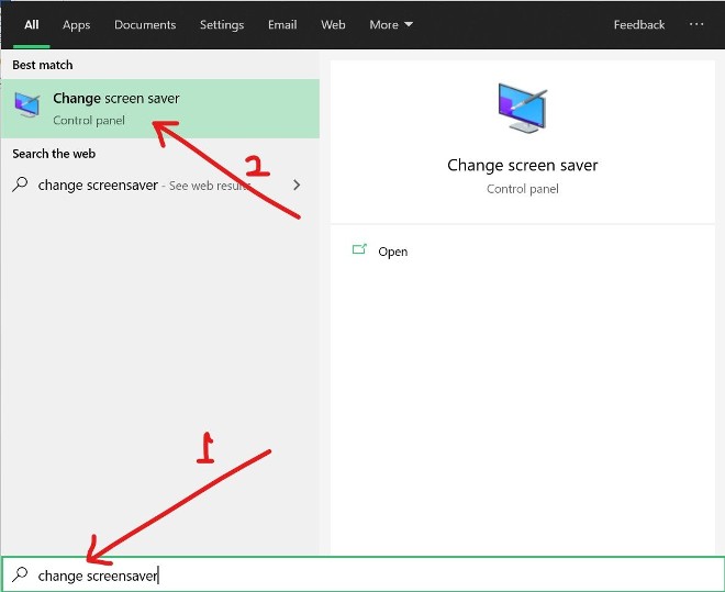 Nhấn vào nút Start và nhập "change screensaver"