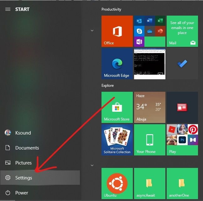 Nhấn nút Start sau đó chọn Settings