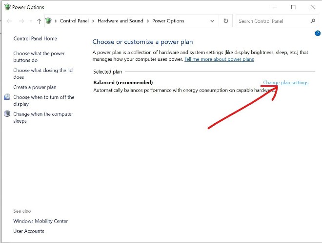 Bạn tìm và nhấn vào Change plan settings
