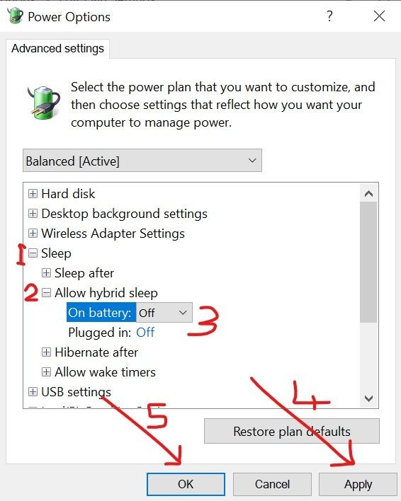 Chuyển sang Off trong cả hai mục On battery và Plugged in