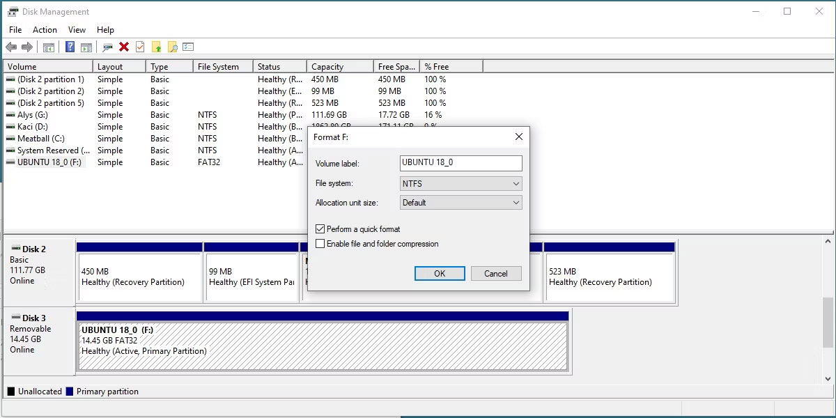 Màn hình Format trong Disk Management