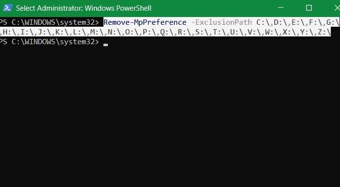 Ngăn chặn các loại trừ trái phép cho PowerShell cho tất cả mọi ký tự ổ.
