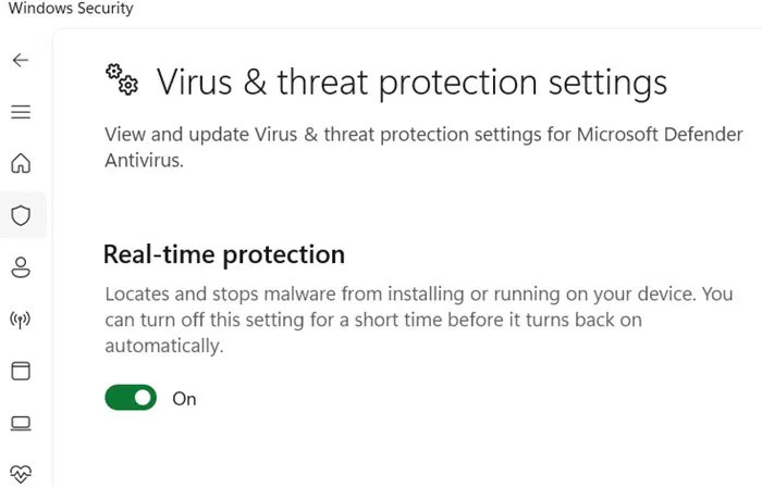 Real-time Protection được bật trong Virus & Threat Protection Settings của Windows Security.