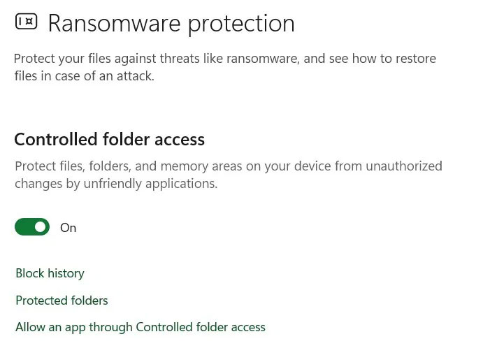 Đảm bảo Controlled Folder access được bật trong cài đặt bảo vệ chống phần mềm tống tiền của Windows Security.