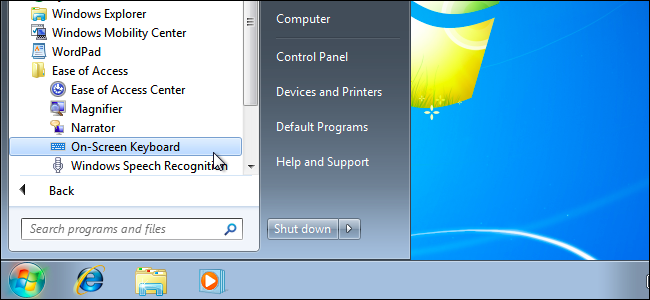 Nút Start On-Screen Keyboard trong Ease of Access Center của Control Panel