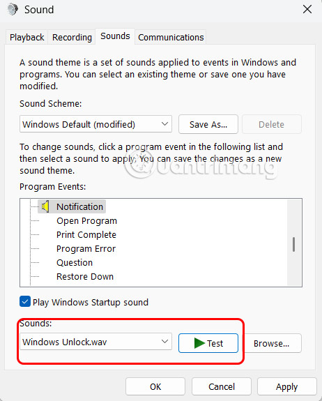Chọn âm thanh thông báo Windows 11