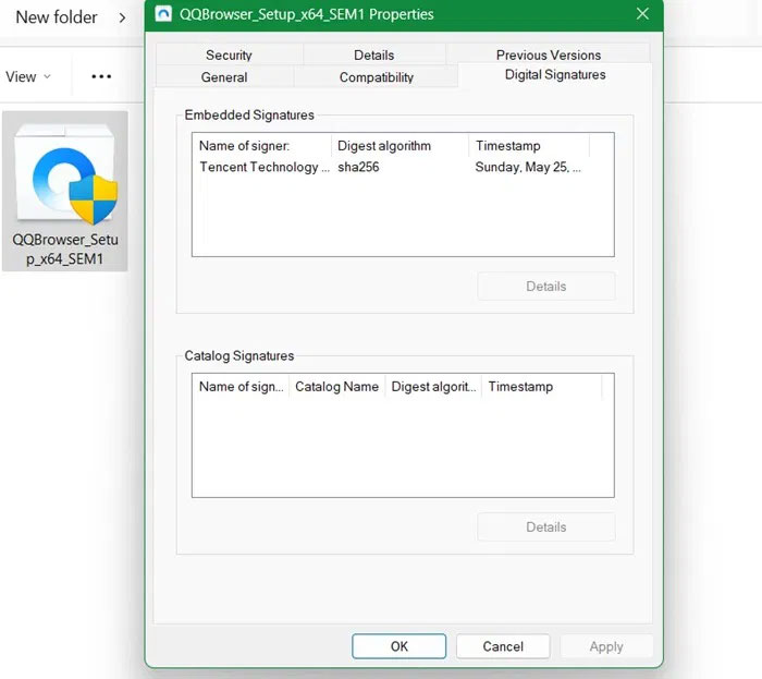 Xác minh chữ ký số cho thuộc tính của file cài đặt QQBrowser.