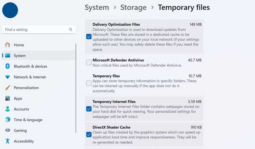 File tạm thời trong ứng dụng Settings Windows 11