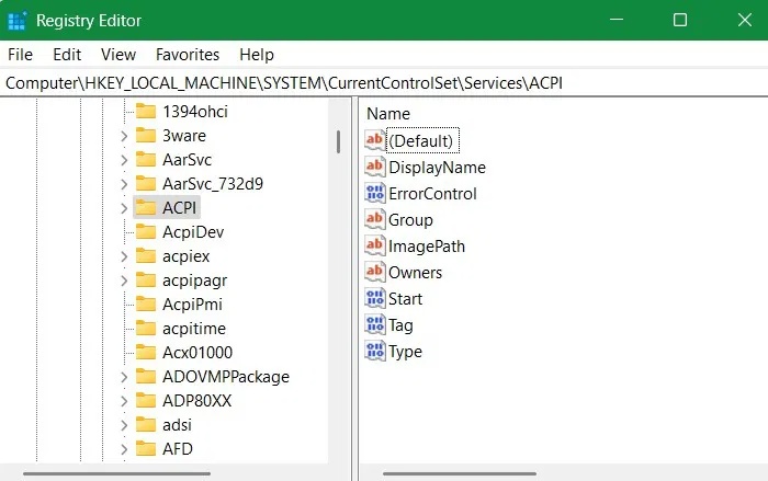 Vị trí registry của file ACPI.sys với đường dẫn chi tiết.
