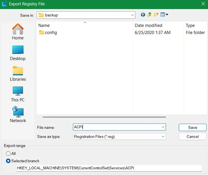 Lưu file registry ACPI.sys vào thư mục cục bộ trên PC chạy Windows có tên là "Backup".