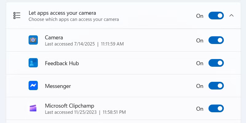 Quyền ứng dụng Camera trên Windows.
