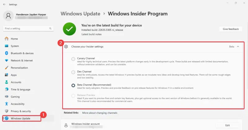 Đăng ký chương trình Windows Insider