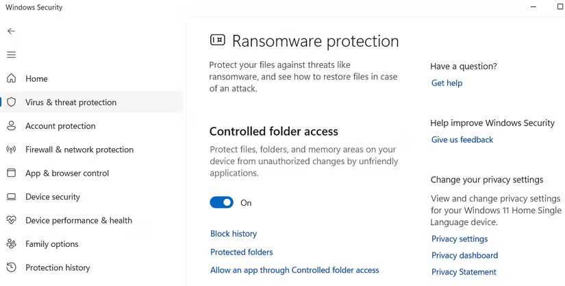 Tính năng Controlled Folder Access trong Windows Security
