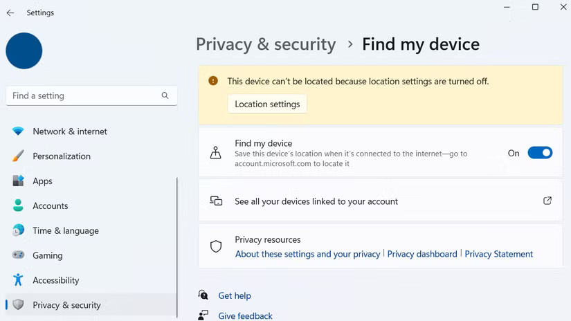 Tùy chọn Find My Device trong ứng dụng Settings Windows 11