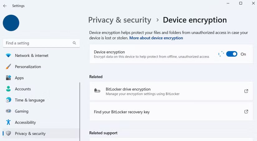 Tùy chọn Device Encryption trong Windows 11