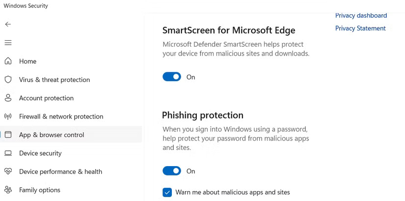 Cài đặt bảo vệ chống phishing trong ứng dụng Windows Security