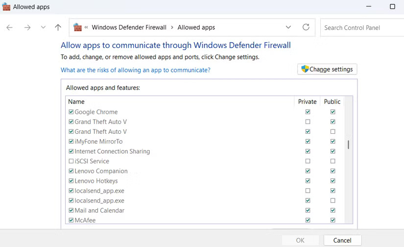 Các ứng dụng được phép truy cập qua Windows Firewall