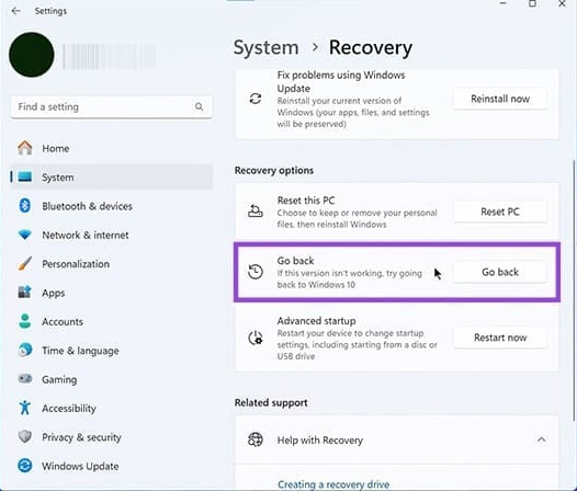Khôi phục phiên bản cài đặt Windows 