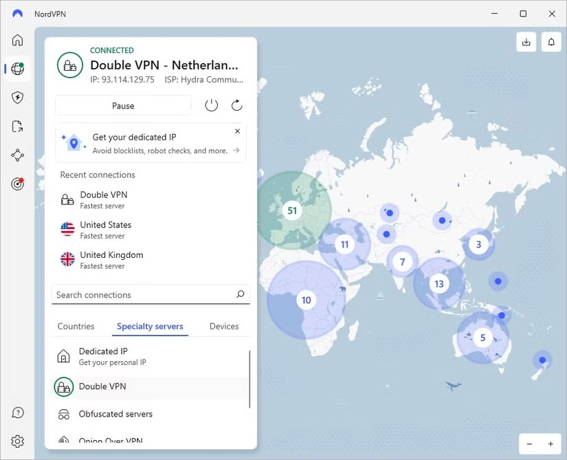 Kết nối VPN kép NordVPN được kích hoạt