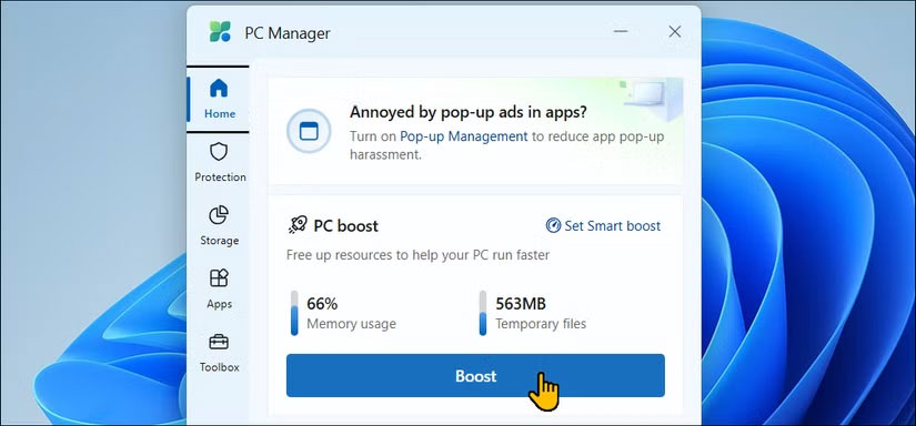 Màn hình chính Microsoft PC Manager trên Windows 11