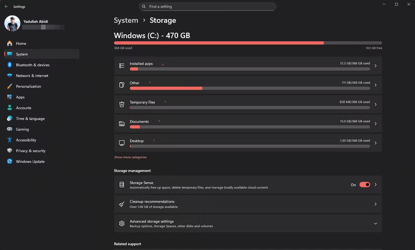 Trang cài đặt Storage trên Windows 11