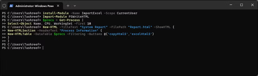 Lệnh xuất module PSWriteHTML
