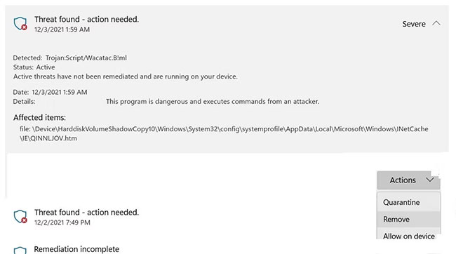 Loại bỏ mối đe dọa Wacatac bằng cách nhấp vào nút Remove trong menu drop-down Actions