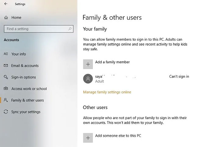 Bạn có thể thêm thành viên gia đình hoặc người khác trên PC này