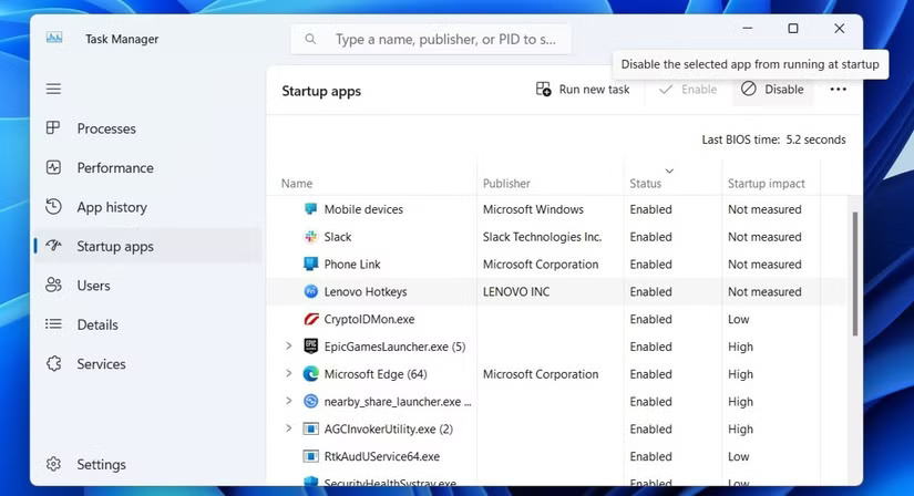 Tab Startup apps trong Task Manager Windows 11