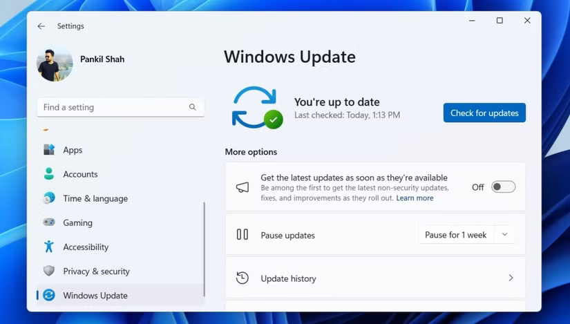 Tab Windows Update trong ứng dụng Windows Settings