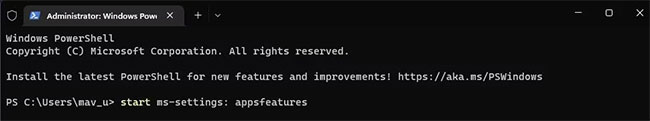 Lệnh start ms-settings: appsfeatures